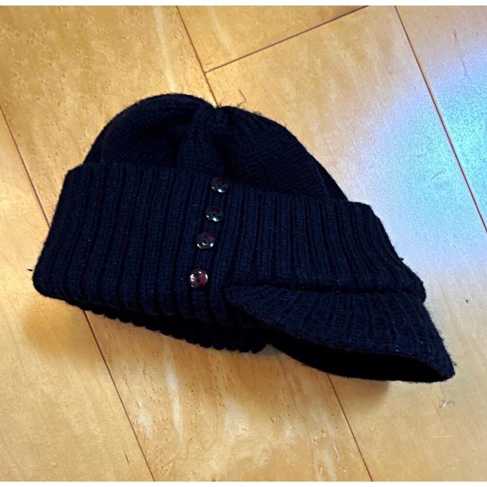Ann Taylor LOFT Black Knit Beanie Hat Acrylic Button Accent Stretch One Size